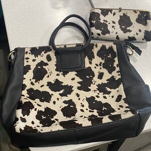 HOBO Sheila Black and White Cow Print Tote Bag and matching Lauren wallet
